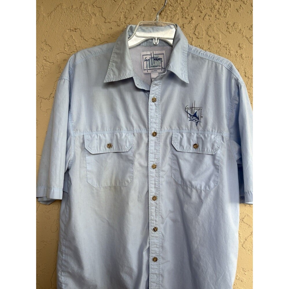 Guy Harvey Medium Blue Vented Fishing Boating UPF Button Up Men's Pocket Shirt